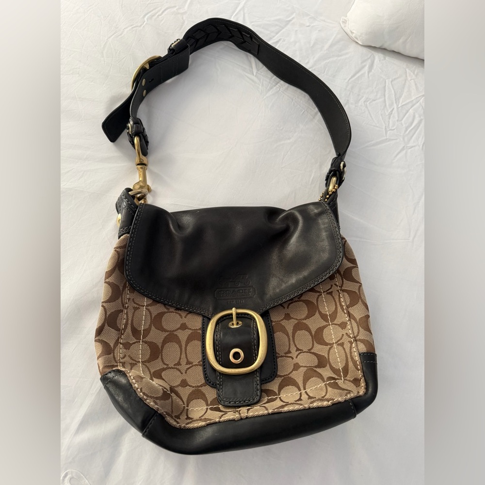 Coach Black and Tan Signature Shoulder Bag